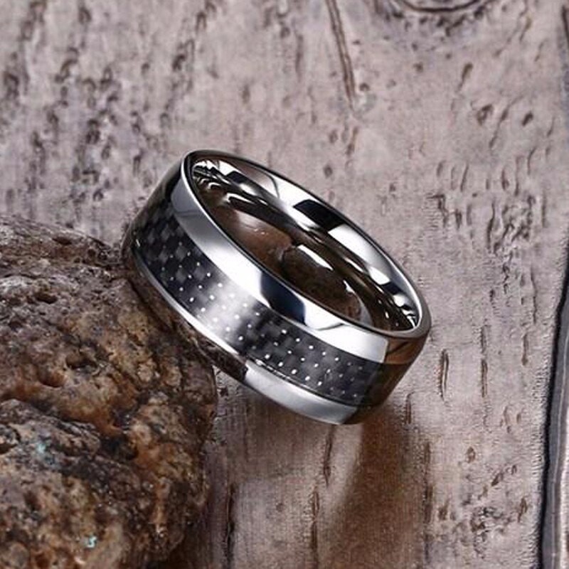 Twee-Tone Carbon Fiber Heren Wedding Ring In Roestvrij Staal Band