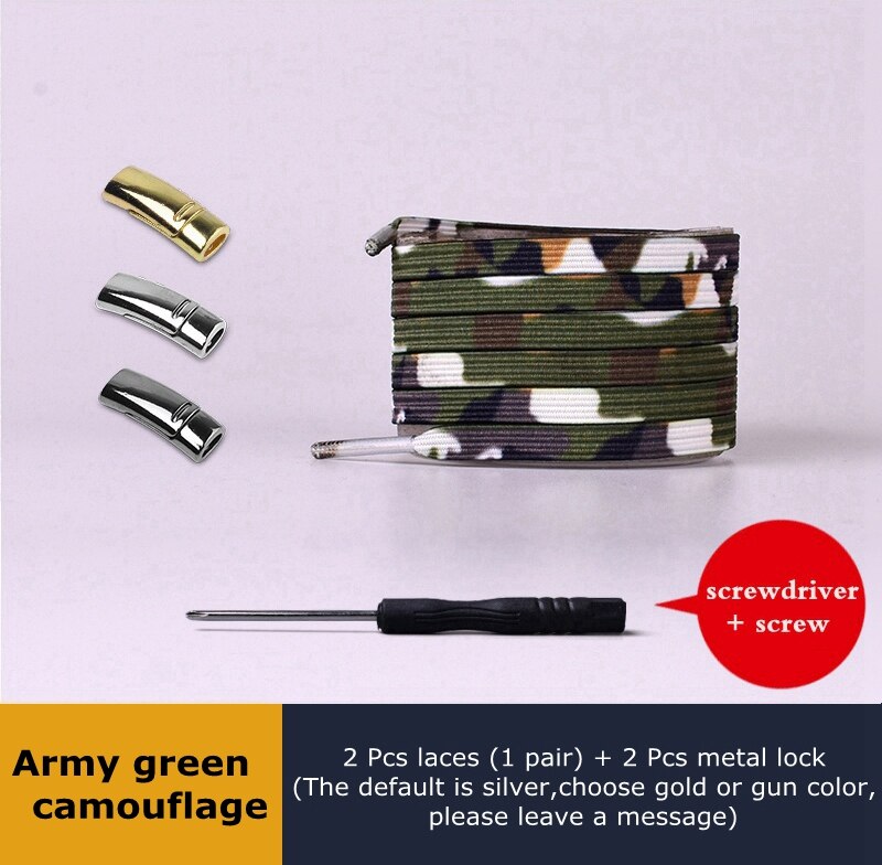 En elastisk uden binde snørebånd sneakers dovne snørebånd børn voksen sikkerhed hurtig flad snørebånd magnetisk metallås udendørs fritid: A-grøn camouflage