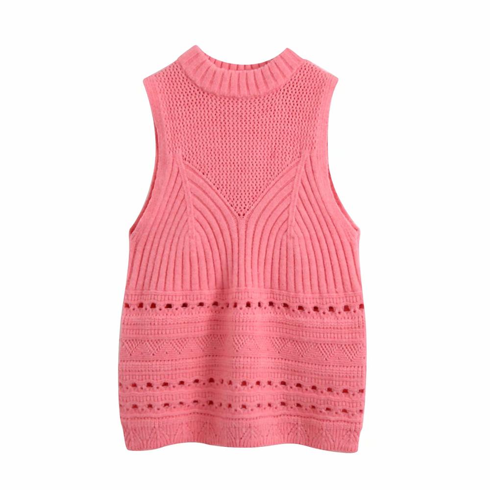 haut pour femme rose solide tricoté sans manches col rond pull décontracté style ample femme femme vêtements