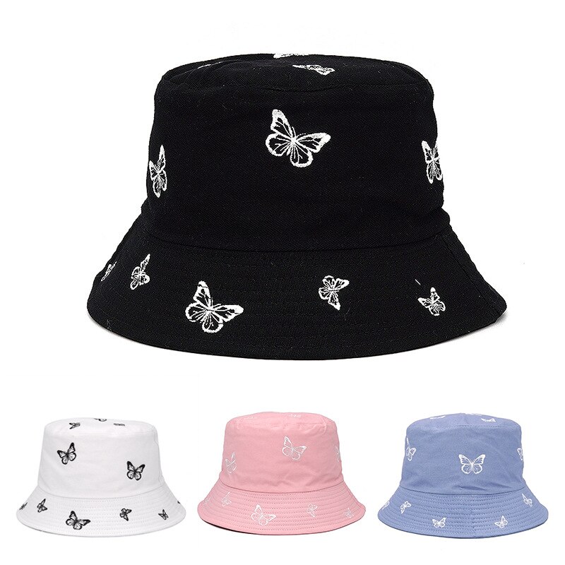 Sombrero de pescador plegable con estampado de mariposa para mujer, gorro de pescador con bordado, estilo Hip Hop, ideal para ,
