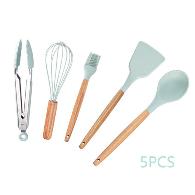 Non Stick Frying Pan With Wooden Handle Cooking Pot Set Breakfast Crepe Maker Pan Korean Cookware Saucepan Ramen Milk Pot: green 5pcs