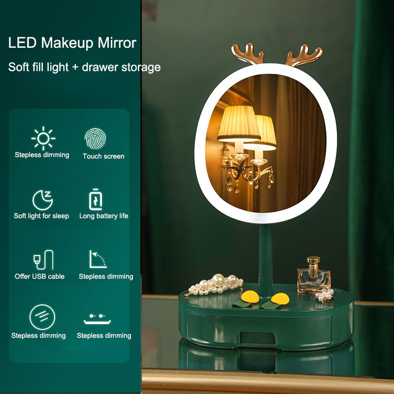 Mirror with light Led Cosmetic Light Makeup Vanity Cabinet Table Mirror Espejos Hand Round Decorative Mirrors Cute espelhos: drawer storage 2