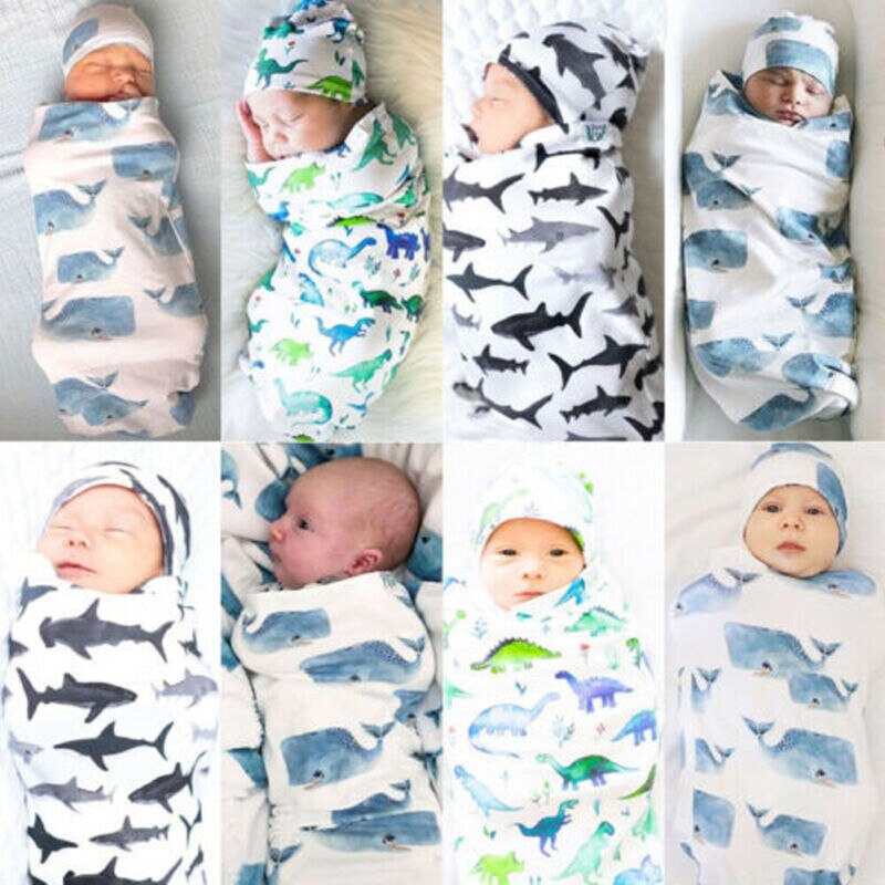 2PCS Newborn Baby Girl Boy Swaddle Wrap Blanket Sleeping Bag + Hat Outfits Set