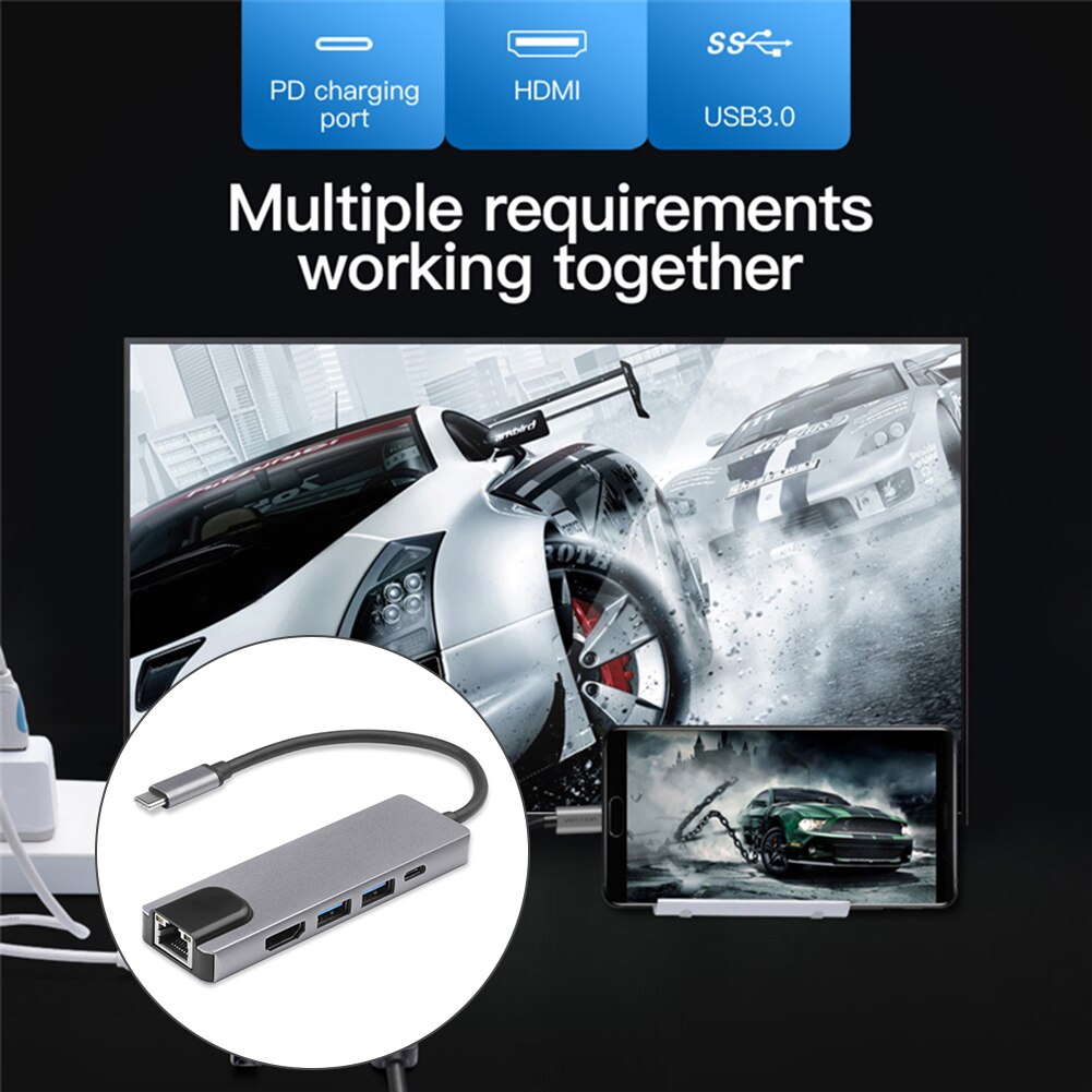 Erweiterung Konverter Adapter Koppler Typ C Docking Bahnhof 5 in 1 Hub Konverter 4K HDMI-kompatibel 2 USB 3,0 LAN RJ45 Adapter
