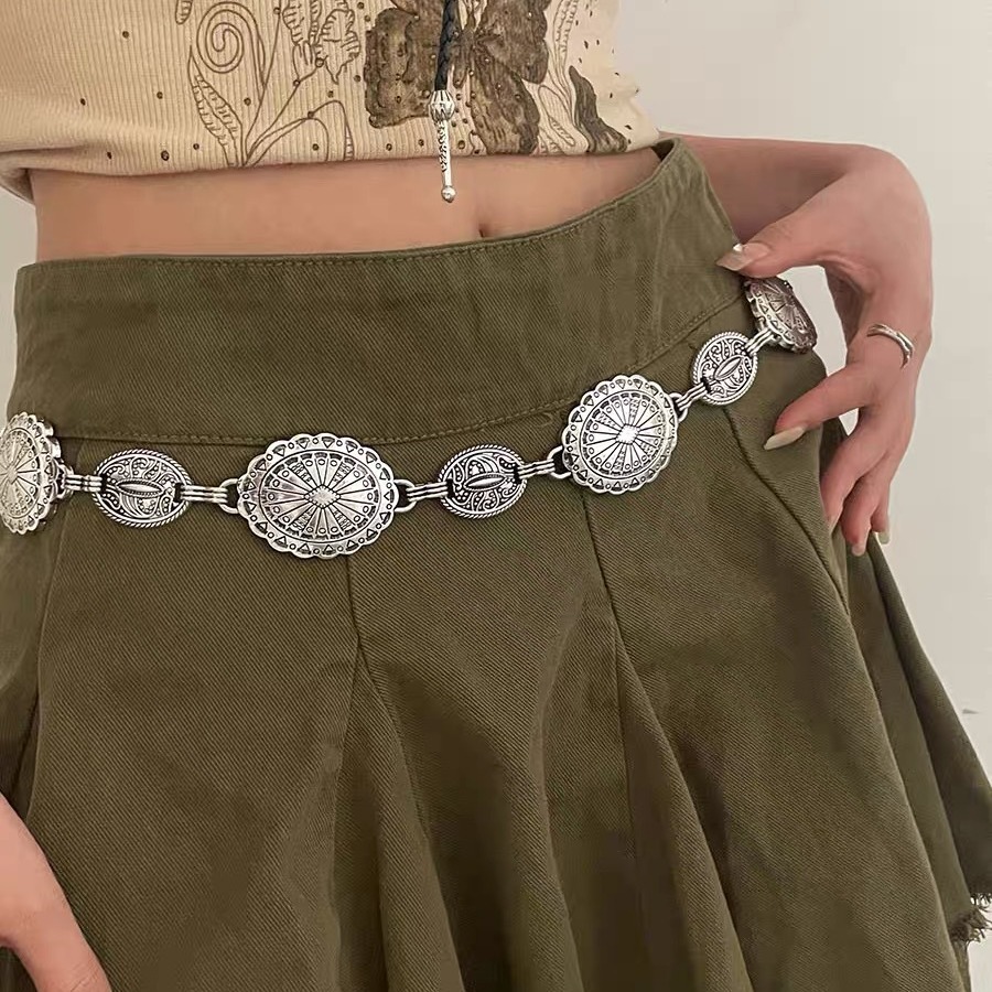 Acessórios de corrente de cintura de metal feminino estilo retrô círculo decorativo esculpido cinto de corrente acessórios de estilo alto