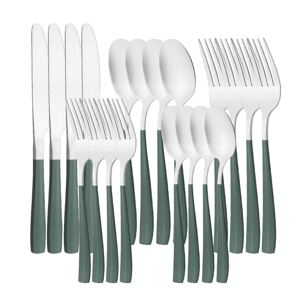 Couverts en acier inoxydable, 20 pièces, noir mat, service de table, couteau à dîner, fourchette à Dessert, cuillère, vaisselle de table, couverts de cuisine pour la maison: Green Silver