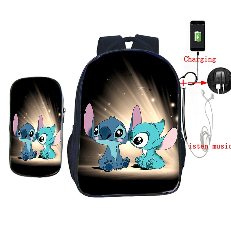 USB Opladen Rugzak Jongens Meisjes Stitch Gedrukt Rugzak Schooltassen met Etui 2 stks/set Casual Reizen Shouler Rugzak: 12