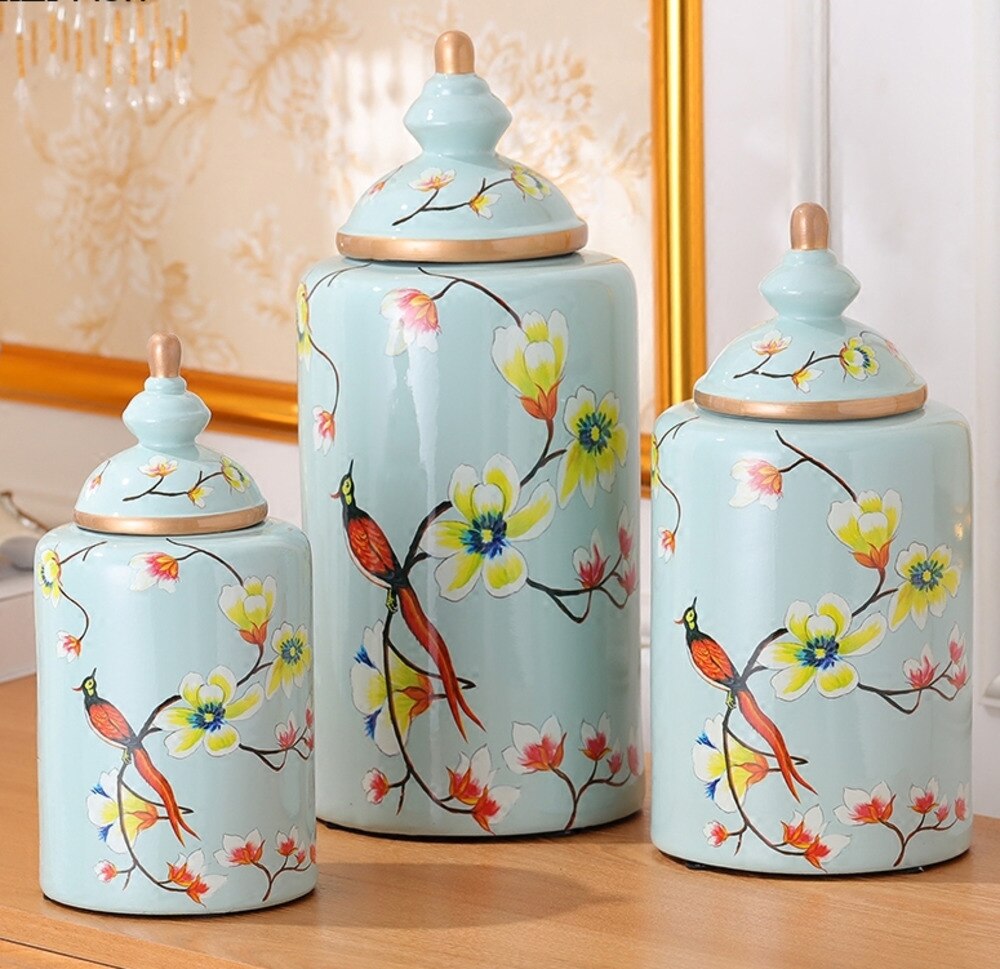 Jarrón de cerámica pintado de flores y pájaros, jarrones clásicos, tarro de caramelo antiguo, tarros de almacenamiento de porcelana multiusos, decoración Vintage para el hogar