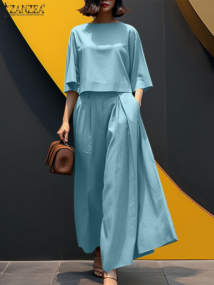 ZANZEA Summer 2pcs Outfits Women Pant Sets Baggy Blouse Wide Leg Trousers Suit Solid Work Tracksuits Matching Sets