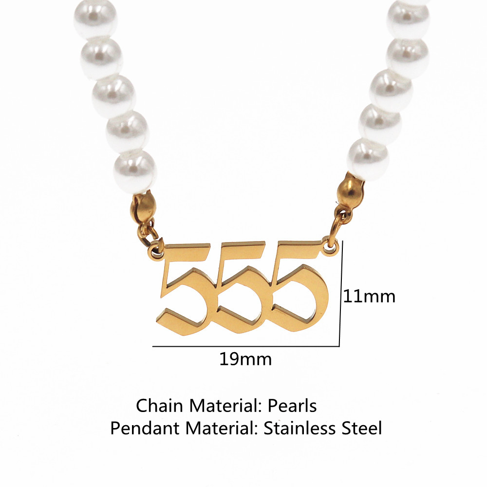 Edelstahl Engel Anzahl Halskette Perle Kette Choker 444 999 888 222 555 666 333 777 Boho Schmuck Teufel Colar gold Halsketten: Gold 555 Pearl
