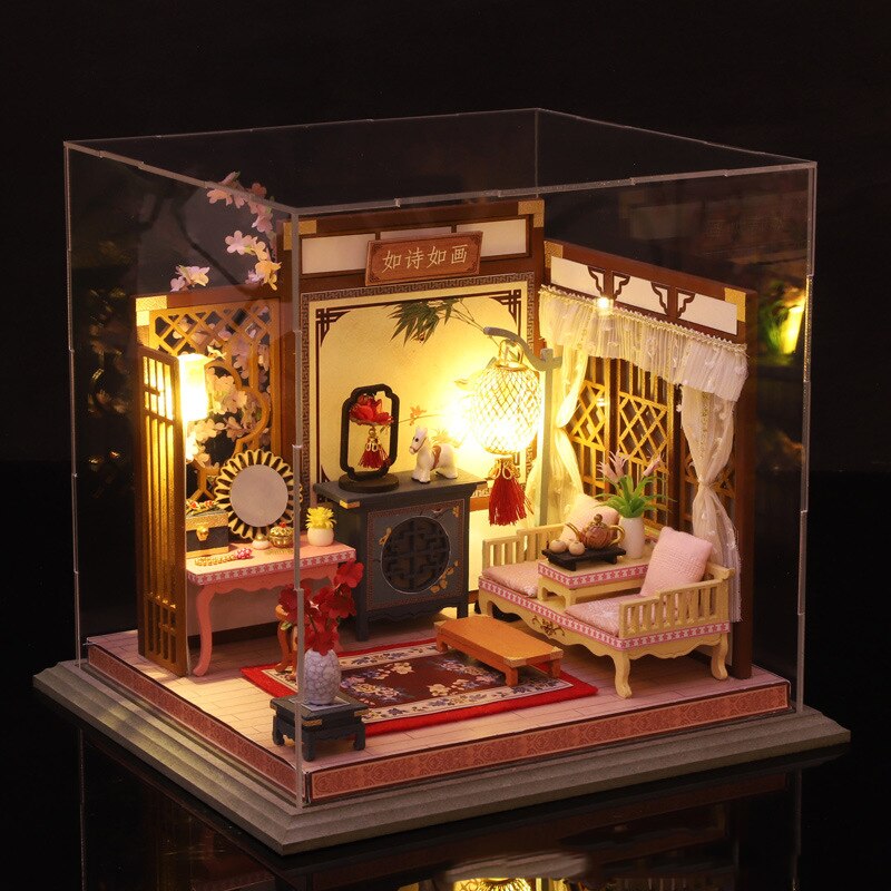 DIY Holz Puppe Haus Bausatz Montiert Miniatur Möbel mit Zubehör Chinesische Casa Licht Puppenhaus Spielzeug für Erwachsene Weihnachten: A mit Staub Startseite