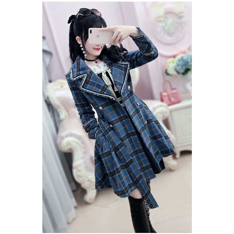 Gabardina para mujer, gabardina azul a cuadros, abrigo de medio largo lana británico, Invierno , rompevientos para mujer