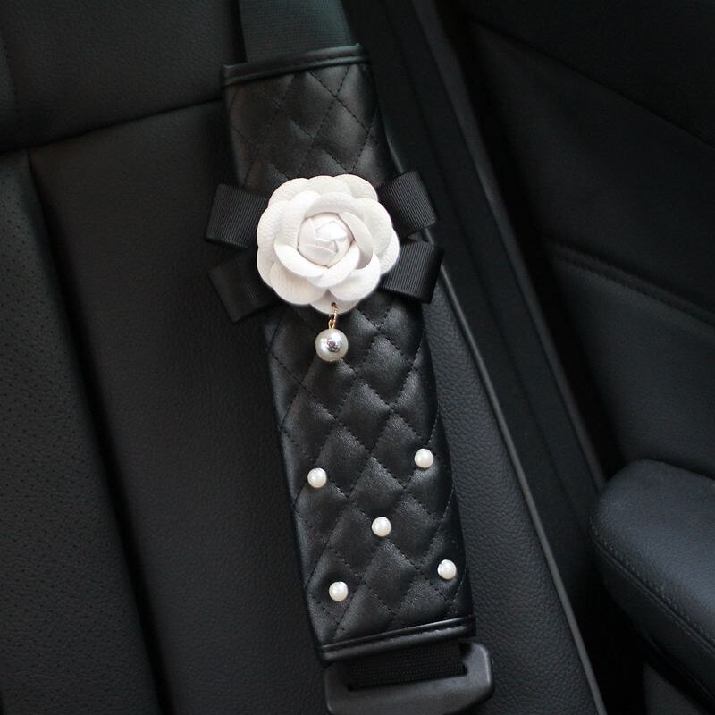 Leather Pearl Camellia Flower Car Seat Belt Cover Shoulder Pads Car Shifter Hand Brake Covers Auto Interior Accessories