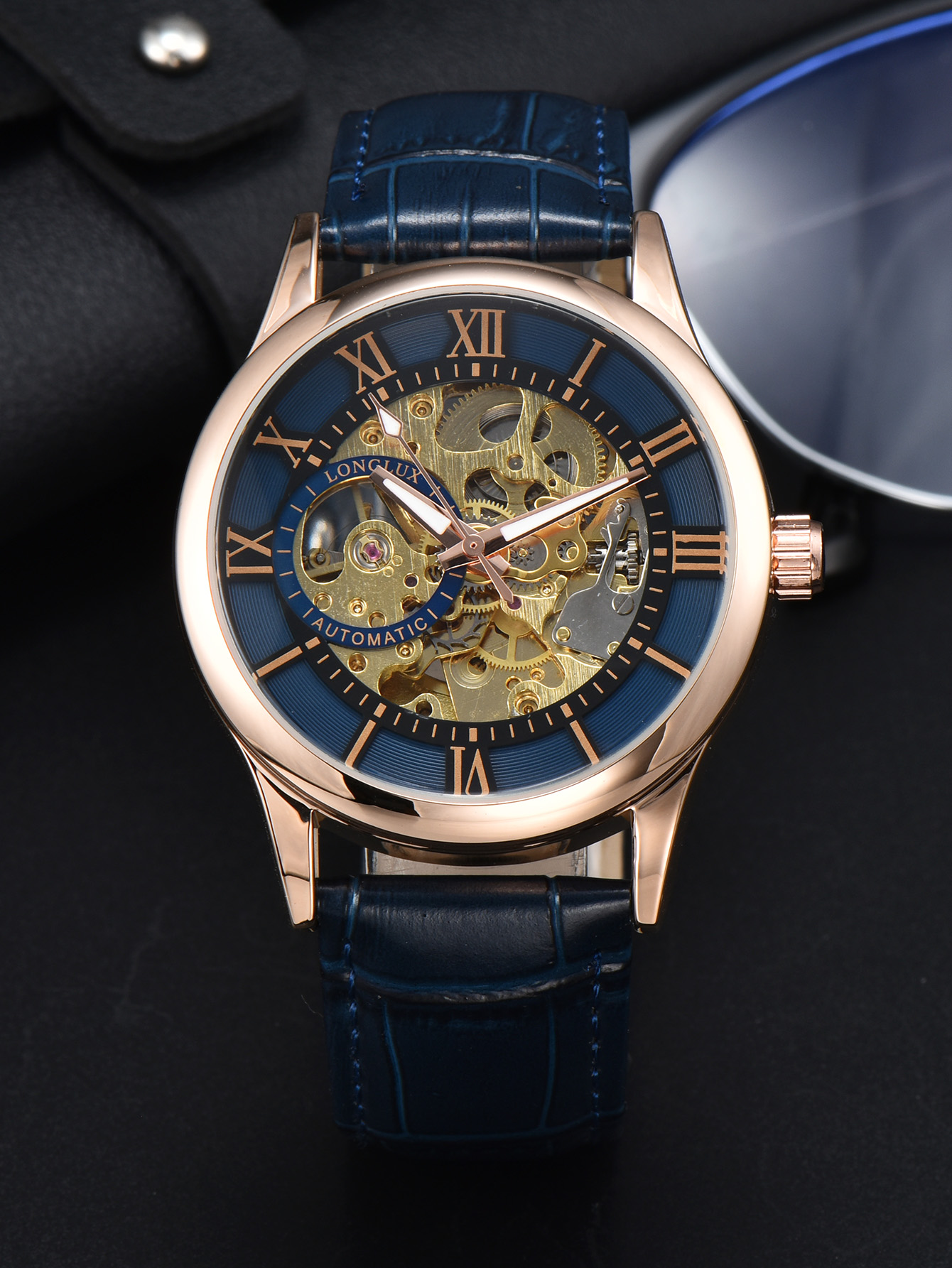 Reloj Automático LONGLUX, , relojes de pulsera mecánicos, reloj de cuero hueco resistente al agua para hombre, para hombre: Multicolor