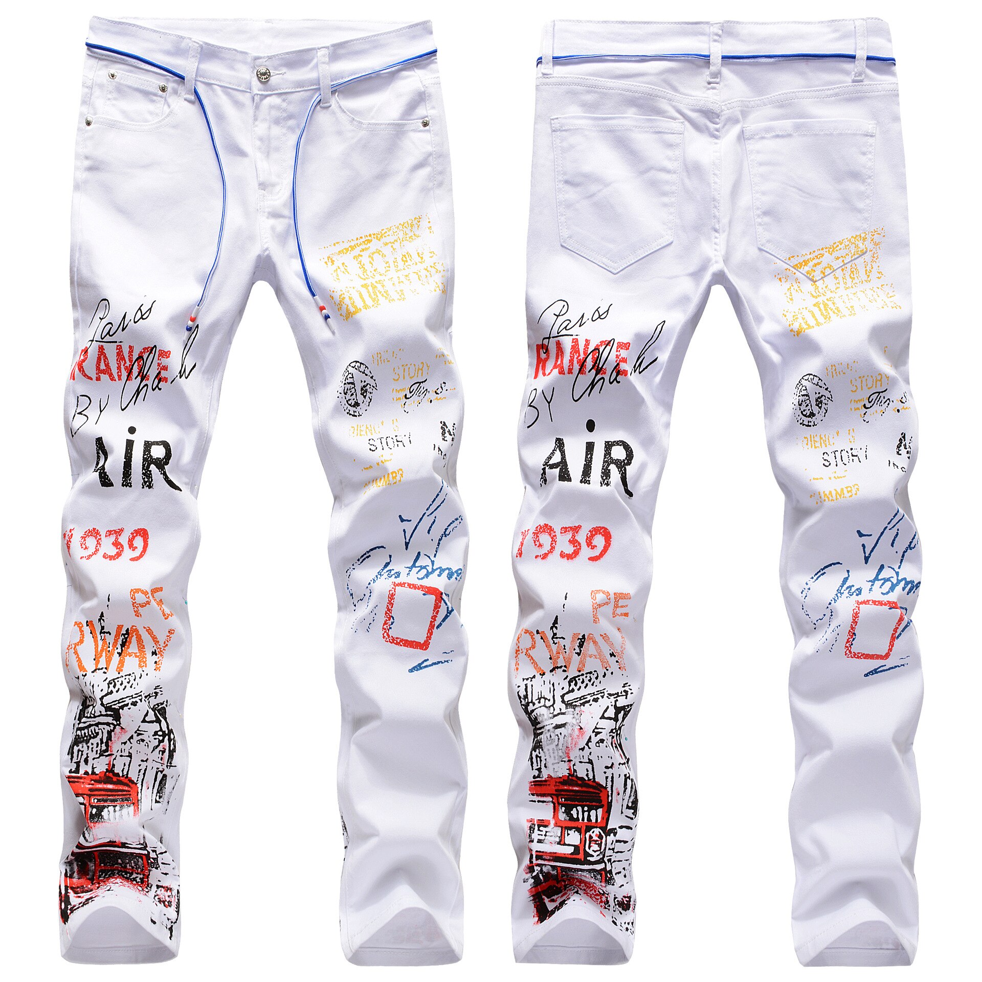 2021New Mens Jeans Night Club Black White Color Personal Printed Jeans Men Punk Pants Skinny Hip Hop Jeans