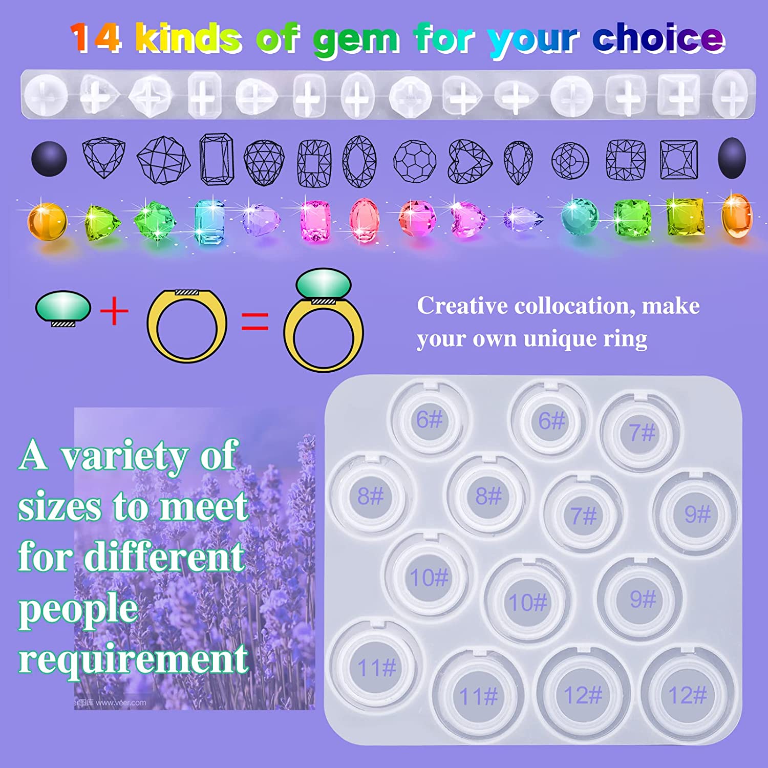 Molde de anillo de resina epoxi para fabricación de joyas, moldes de silicona para anillos de diamante con 14 tamaños diferentes para manualidades DIY