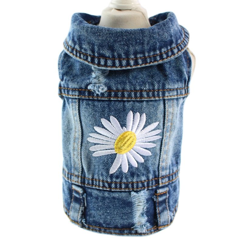 Chaqueta vaquera para perro y gato, chaleco con estampado bordado de flores, abrigo azul, ropa para cachorros, 6 tamaños