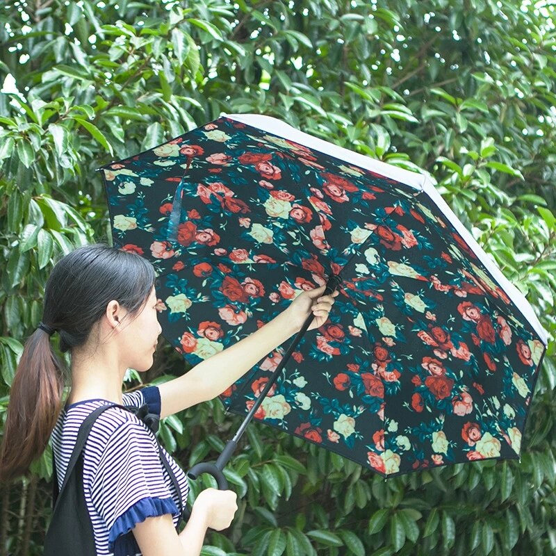 JPZYLFKZL Freies stil Kreative Lange Schaft Doppel Schicht Invertiert Regenschirm Winddicht Reverse C-Haken männlichen golf regenschirm reverse