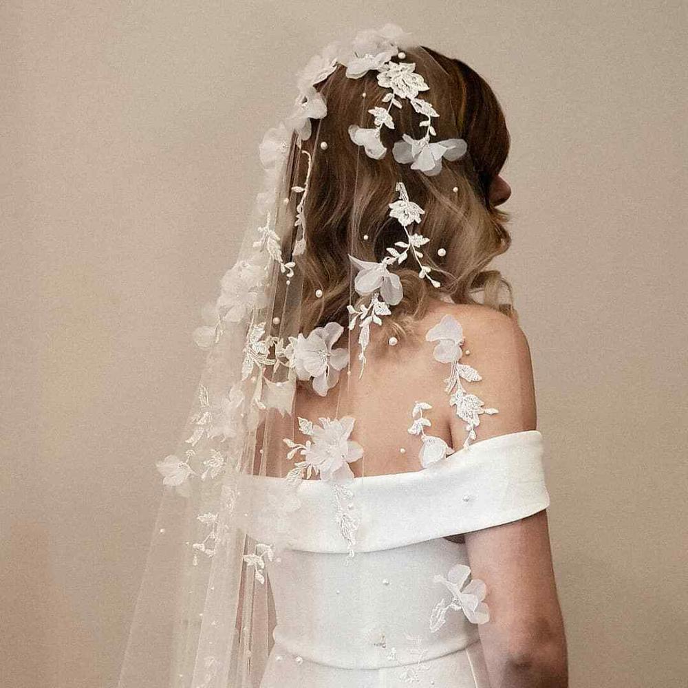 Applikationer bryllup slør 3d blomster perler brudeslør kapel længde brud slør bryllup tilbehør