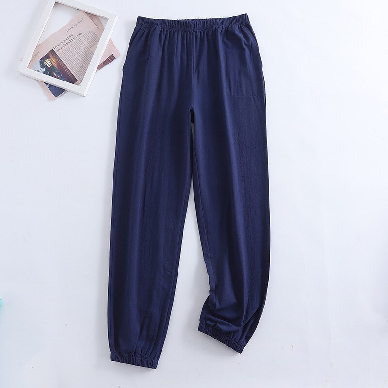 Pantalones de pijama para mujer, ropa de dormir de algodón y lino, Leggings de Color sólido, para el hogar, novedad de verano: Azul / L