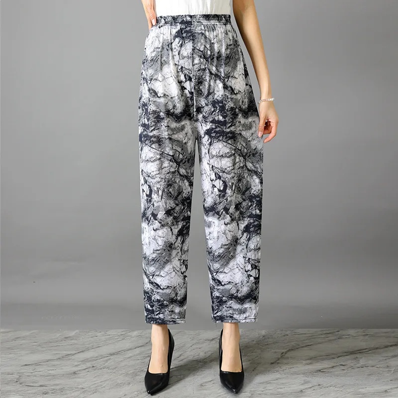 Koele zomer ijszijde bloemenbroek dames muggenbestendig casual thuis met airconditioning negendelige lengte broek: Black