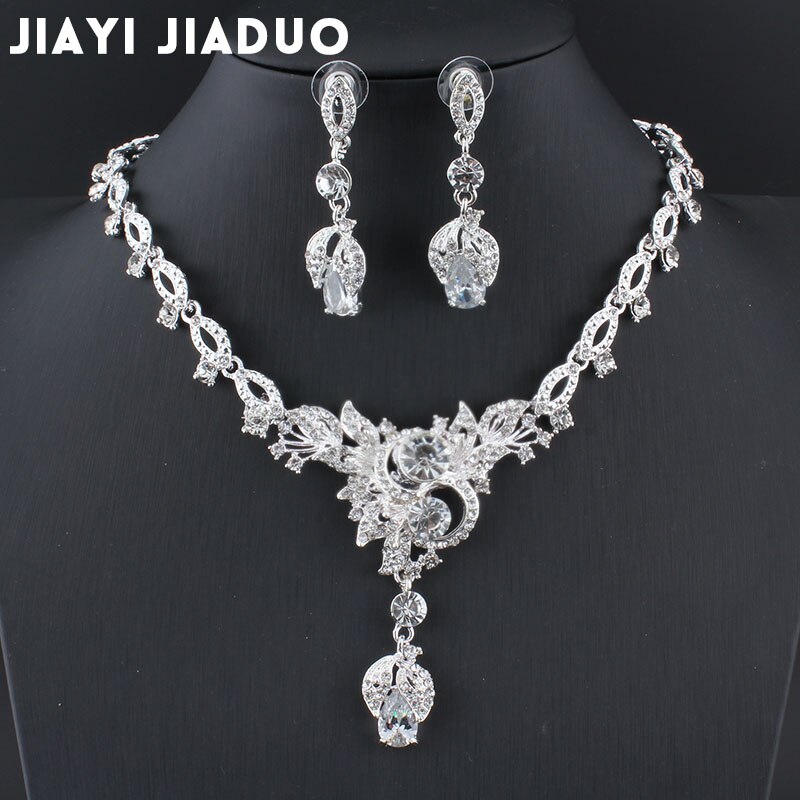 Jiayijiaduo Bloemen Crystal Bridal Sieraden Sets Zilver Kleur Ketting Set Lange Oorbellen Voor Vrouwen Sieraden Bruiloft Accessoires