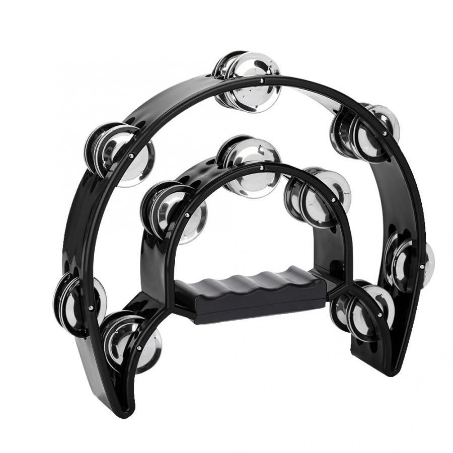 Round Percussion Double Row Handbell Tambourine Double Half Moon Tambourine Percussion Drum Party Game Baby Toy: Black