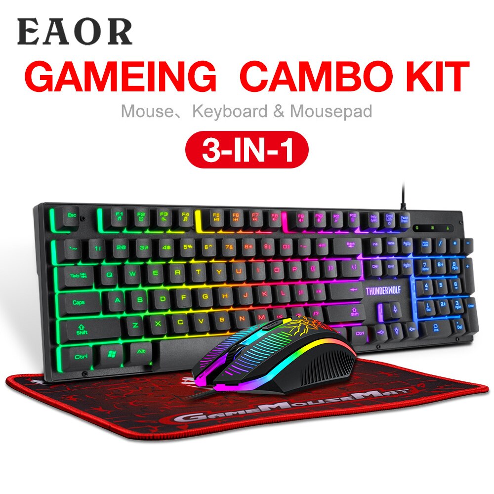 EAOR 3pcs Gaming Keyboard + Mouse + Mouse Pad Set, RGB Glowing Wired Gaming Keyboard Mouse Combos for Desktop Laptop PC Gamer