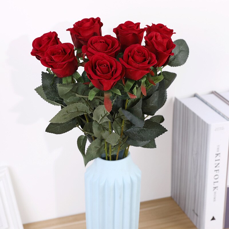 Single Beautiful European Artificial Flowers Rose Simulation Flannel Flowers Bouquet Home Dec Party Wedding Decoration: Red