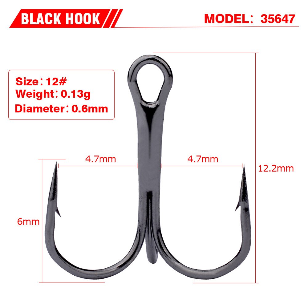 Fishing Hook 50Pcs/Lot 2/4/6/8/10/12/14# High Carbon Steel Treble Hooks Fishing Tackle Black Outdoor Sports Fishing Accessories: 12