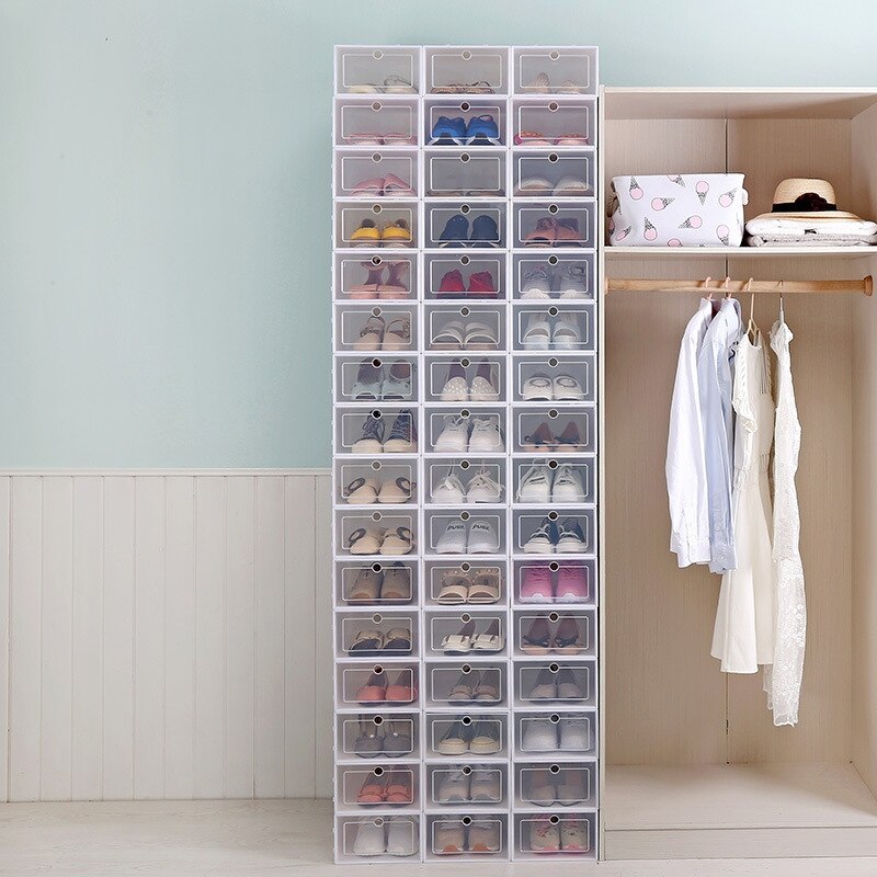 Clear Plastic Shoe Boxes Stackable Floding DIY Shoe Drawers Storage Container Organizers