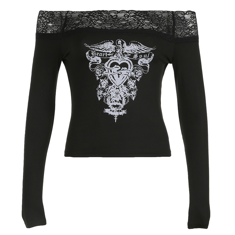 BIIKPIIK Jahrgang Gedruckt Schrägstrich Nacken T-Hemden Für Frauen gotisch Spitze Patchwork Langarm Ernte Spitzen Herbst schlank passen T Halloween: L