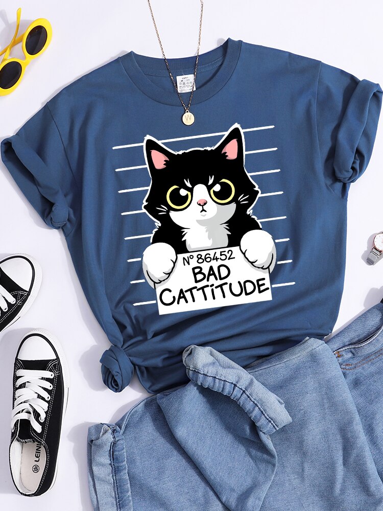 No86452 Slechte Cattitude Grappige Kat Womens T-shirt Casual Sport T Shirts Ademende Zomer Tee Shirt Street Creativiteit T-shirt Vrouwen: XXXL / Bruin