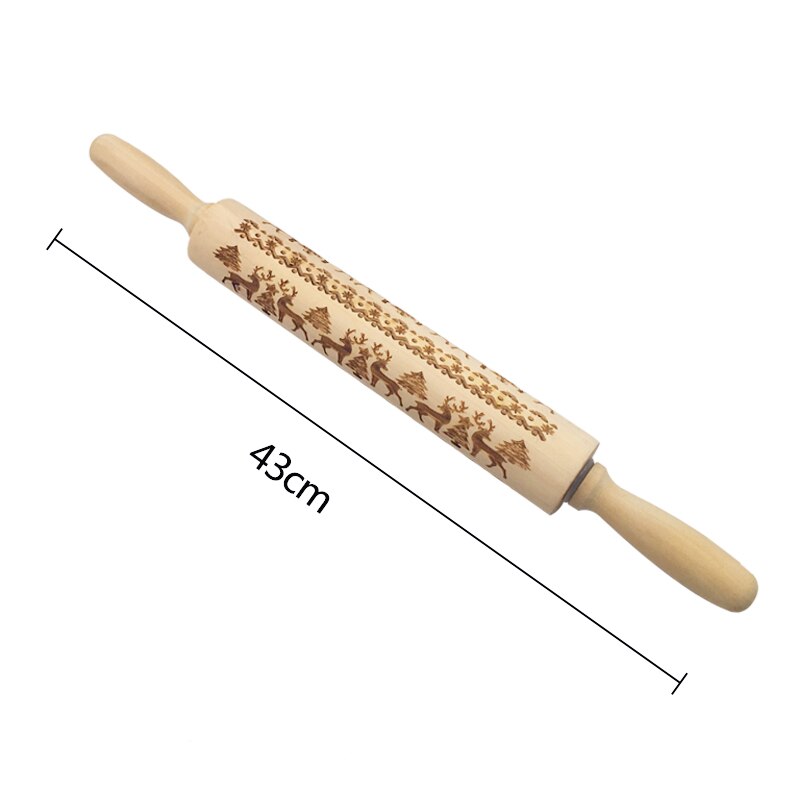 Kerst Embossing Rolling Pin Koekjes Bakken Noodle Biscuit Fondant Taart Deeg Gegraveerde Roller Rendier Houten Deegroller: 43CM Reindeer
