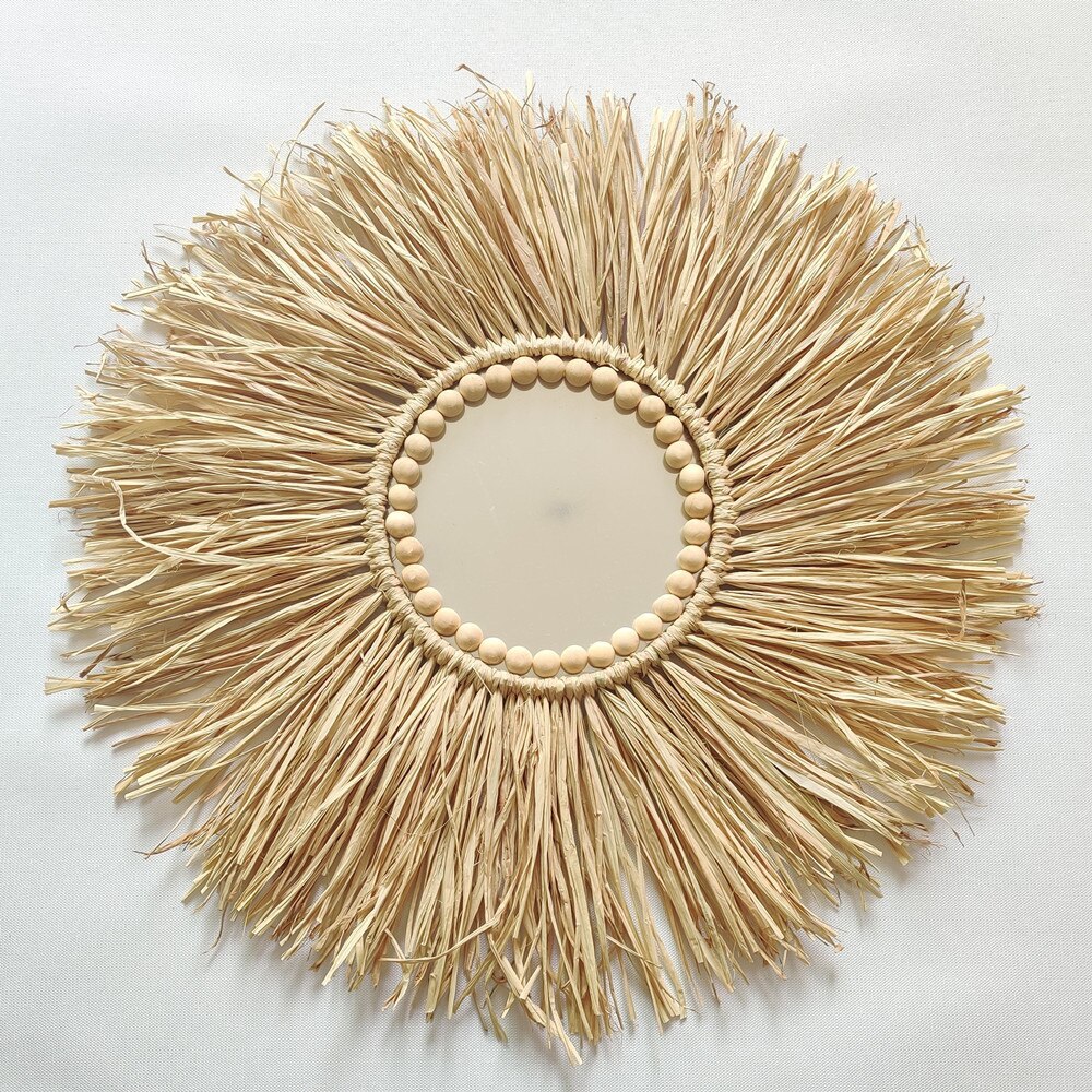Miroir de paille rond tissé en bois marocain, nordique, perles de maquillage suspendues, ornements muraux, artisanat de décoration de maison: A