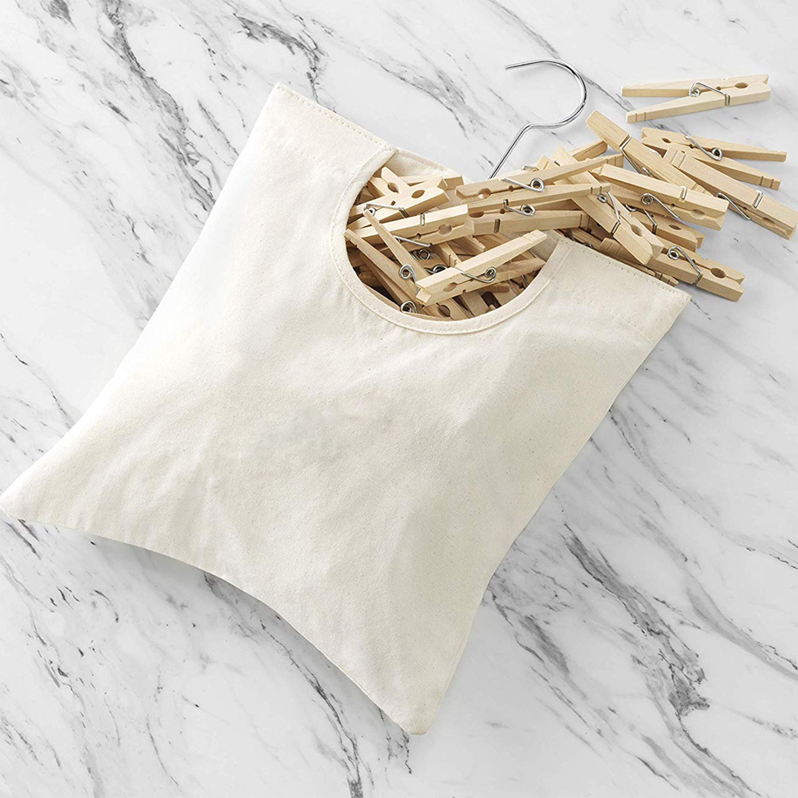Clothespin Hanging Bag Large Opening Storage Bag with 360 Degree Rotating Hook for Bathroom Balcony