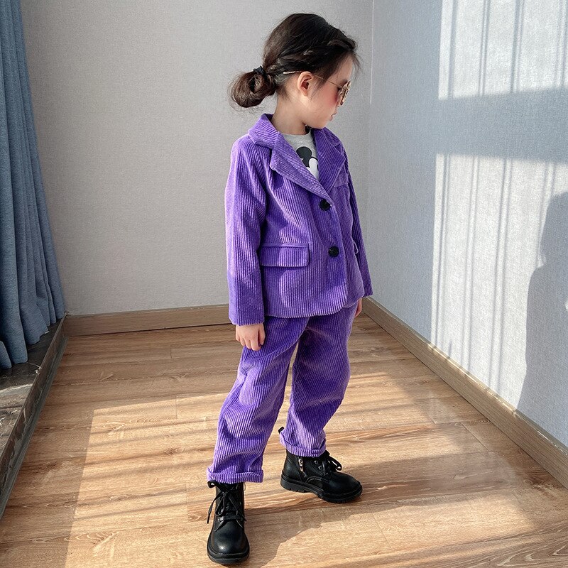 Traje de pana púrpura para niños y niñas, chaqueta de pana de algodón + Pantalones, conjunto de 2 piezas, ropa de otoño,: 100