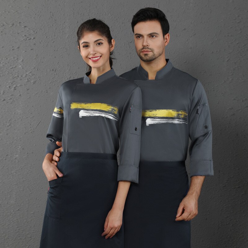 Hotell restaurant kjøkken baker kake kjeledress unisex kokk uniform matservering matlagingsuniform catering klær lange ermede topper: Grå / Xxxl