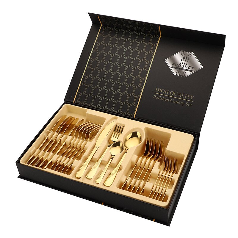 24pcs Gold Tableware Set Stainless Steel Knife Fork Spoon Dinnerware Box Cutlery Set Kitchen Flatware Tools Housewarming: T3P-gold