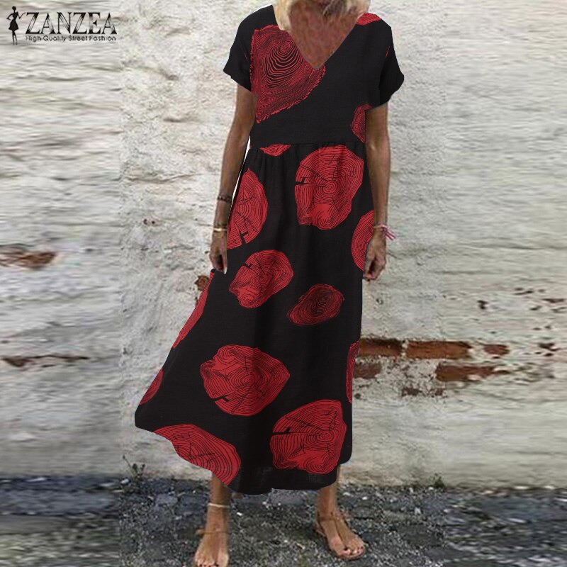 De las mujeres vestido de tirantes de verano estampado Retro vestido Maxi ZANZEA pantalón corto Casual manga Vestisdos mujer cuello en V bata de 5XL