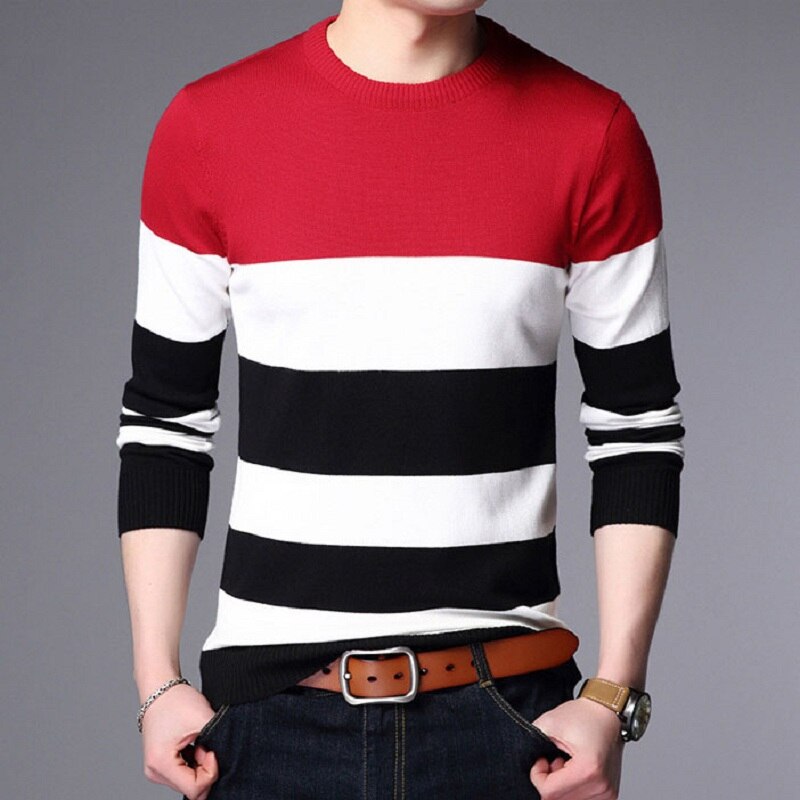 Casual slim fit strik pullover mænd efterår vintertøj mænd o-hals langærmet stribet sweater mænd tøj