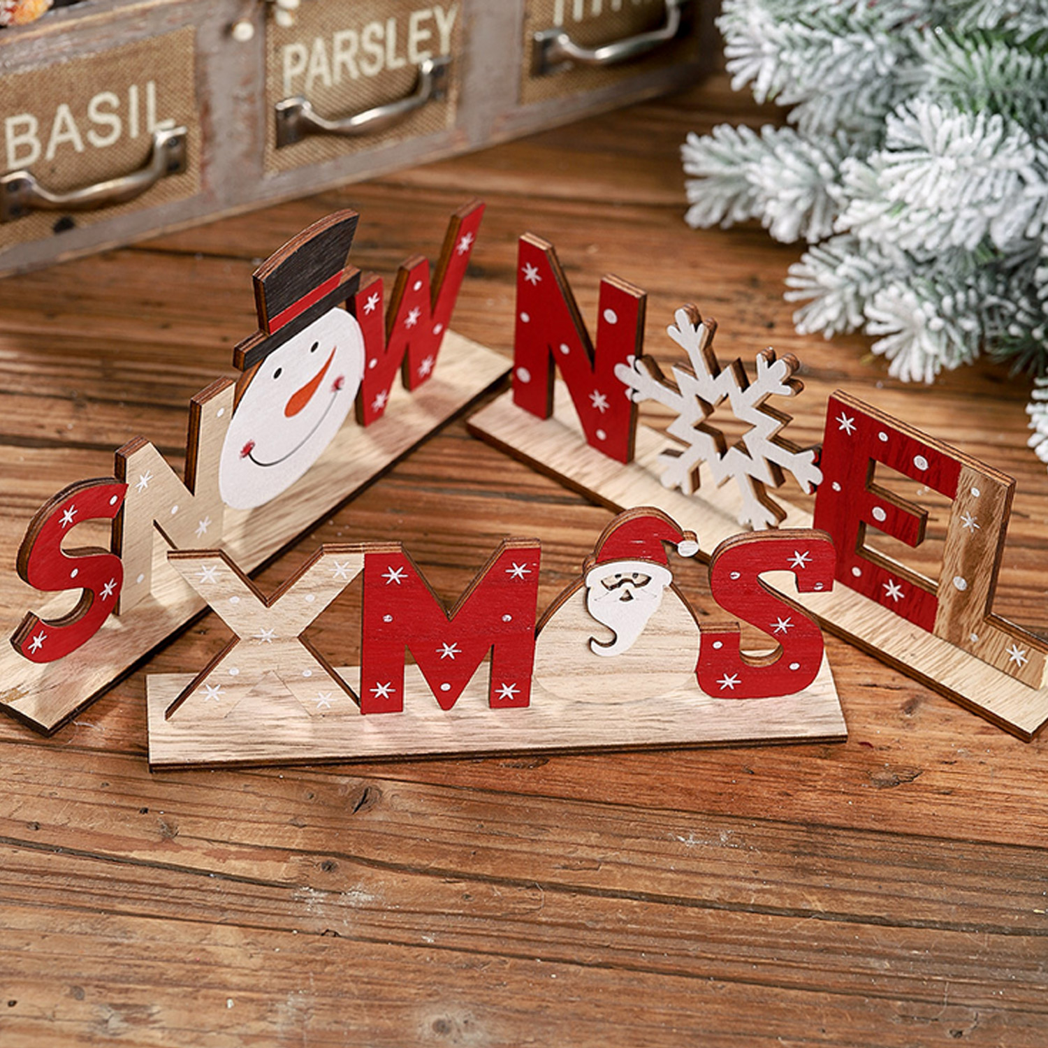 Rustik juletræsskilt noel sne xmas brev plak dekorationer bord desktop ornament til fest hjemme cafe indretning