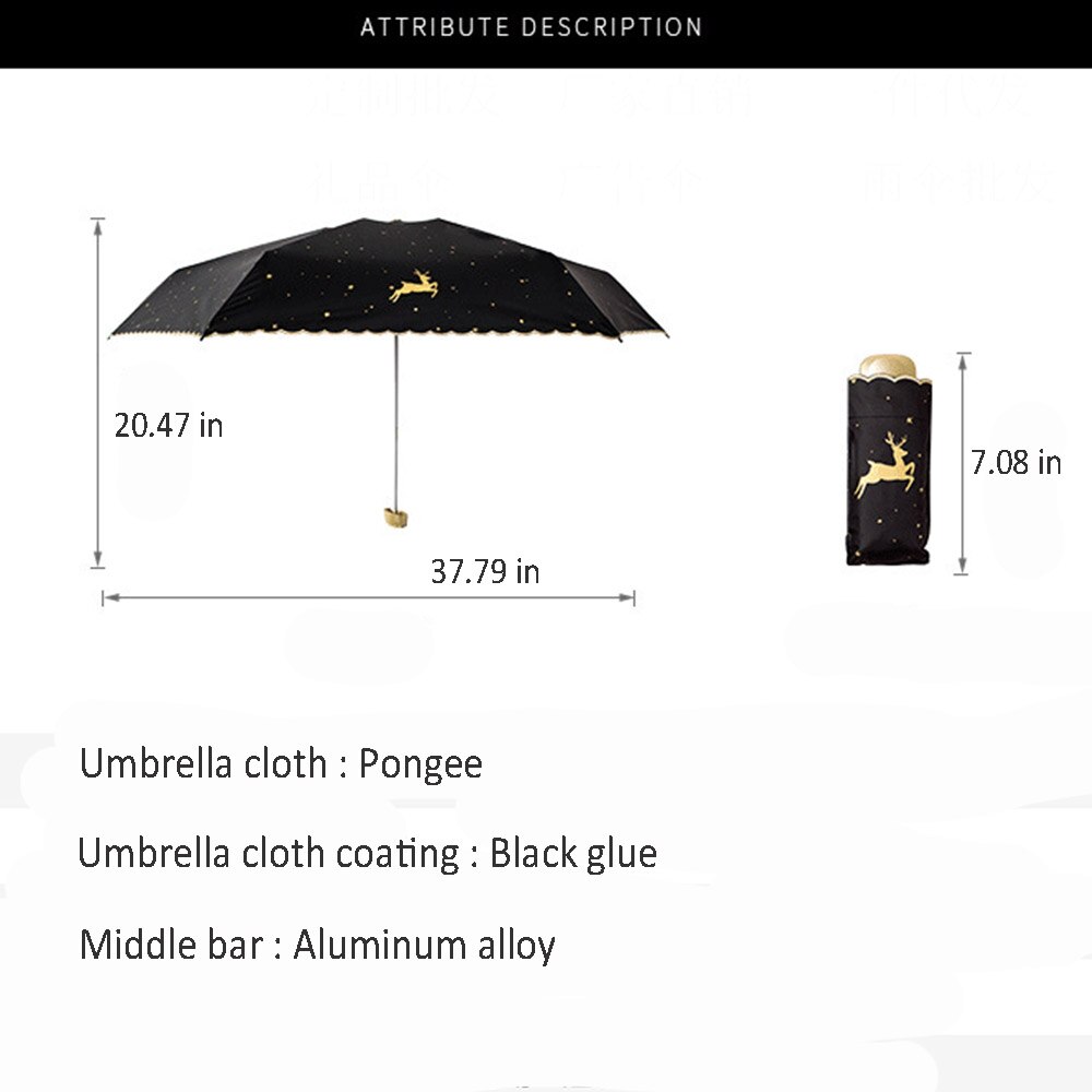 Mini Rosa Tasche Regenschirm Frauen Uv Kleinen Regenschirm Hirsch Druck Sonne Regen Damen Schwarz Beschichtung Fünf-Falten Bumbershoot