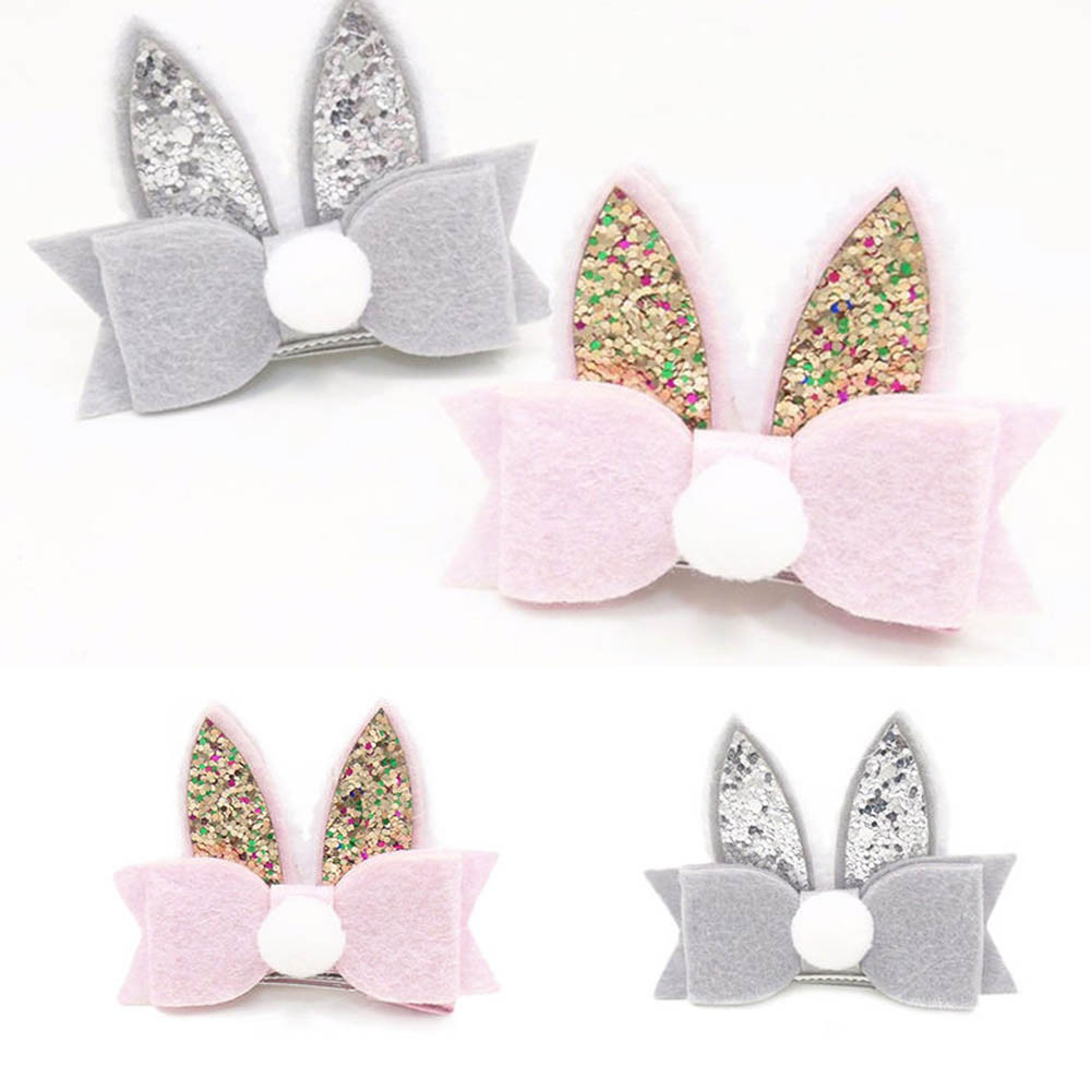 ARLONEET Girls Kids Hair Pin Baby Girls Toddler Kids PomPom Sequined Rabbit Ear Hair Clip Bow Hairpin Baby Barrette