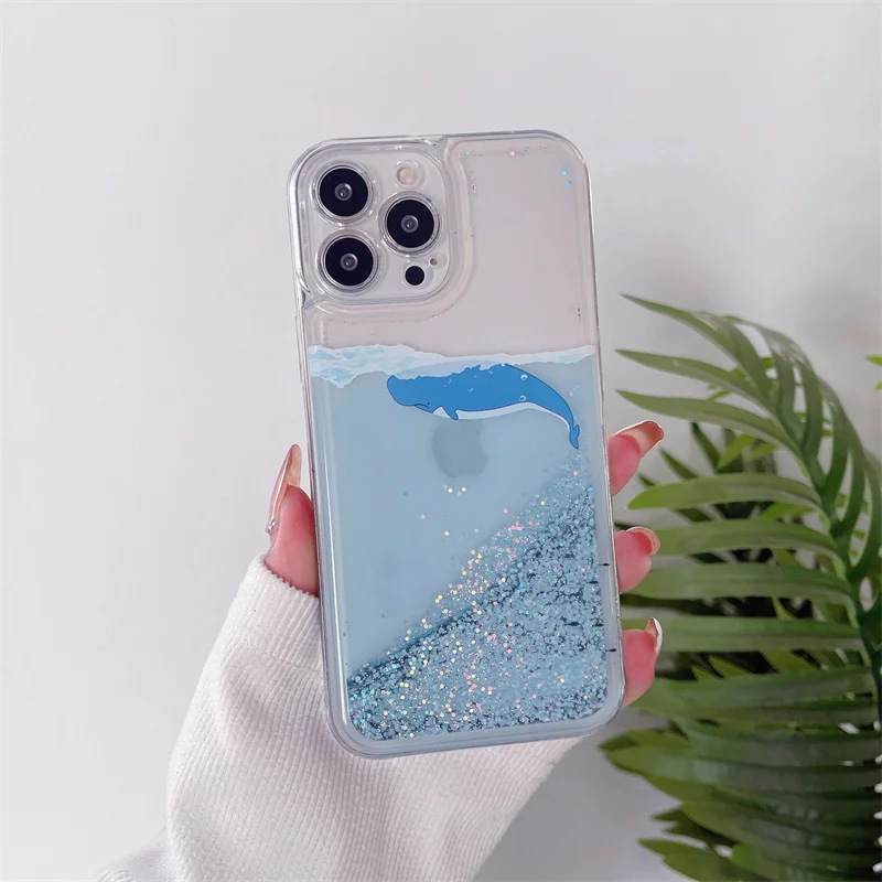 Glanzende Sparkles Drijfzand Case voor iPhone 13 14 Pro Max Cover Shark Dolphin El Iphones 16 15 15 Pro Funda Vloeibare Carcasa Zachte Romp: Voor IPhone12 / Black