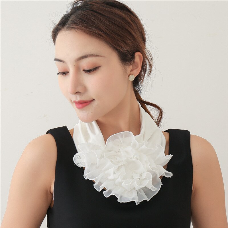 women Floral Neck Ring Scarf Chiffon Collar Tie Muslim Hijab Hat Indian Turban Lady Office Neckerchief Skinny Hair Scarves soild: LJ23-14 white