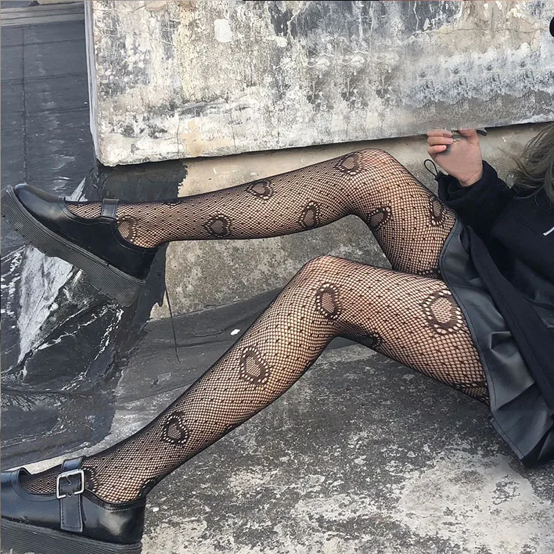 Star Heart Lolita Socks Tattoo Print Pantyhose Fishnet Stockings Kitty Cat Japanese JK Tights Gothic Cosplay Lace Black Tights: Dark Grey