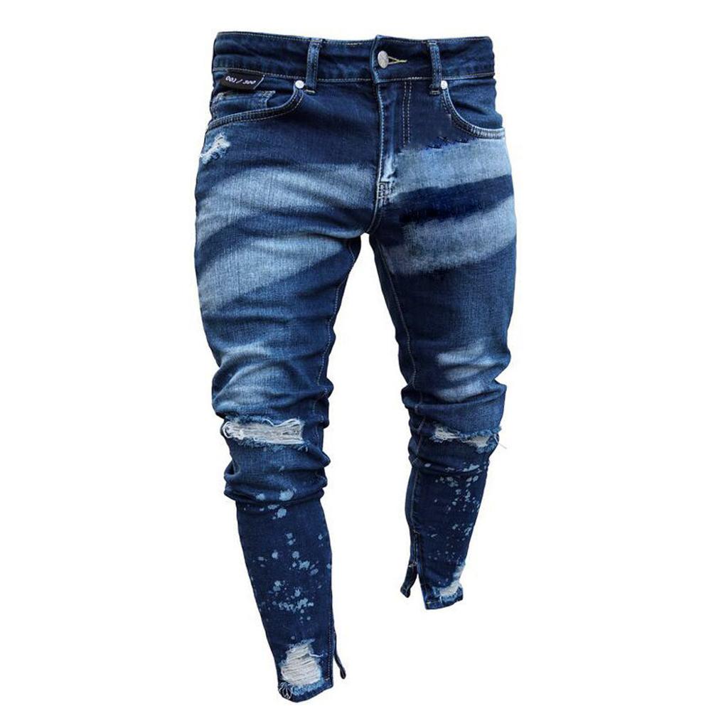 Slim Feet Men Stretchy Ripped Skinny Biker Print Jeans Destroyed Hole Taped Slim Fit Denim Scratched Jeans