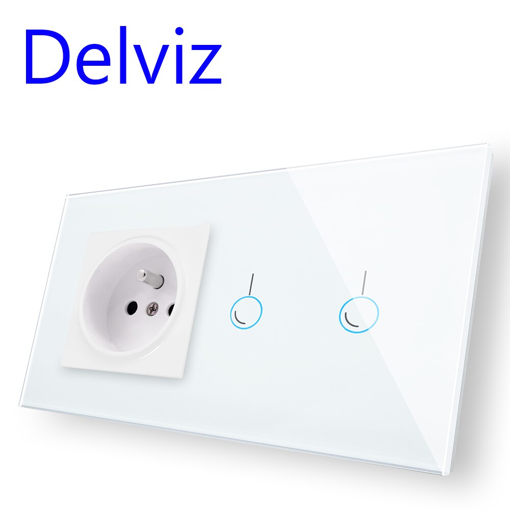 Delviz 16A French Wall Mains Socket with Touch Switch,Kitchen plug sockets,146*86,AC110~240V,EU Crystal Glass Panel 2Way Switch: White