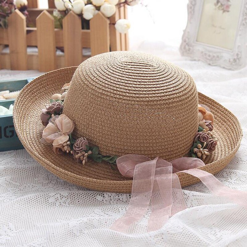 BINGYUANHAOXUAN vrouwen Bloemen Zonnehoed Floppy Opvouwbare Strik Stro Zomer Strand Hoed